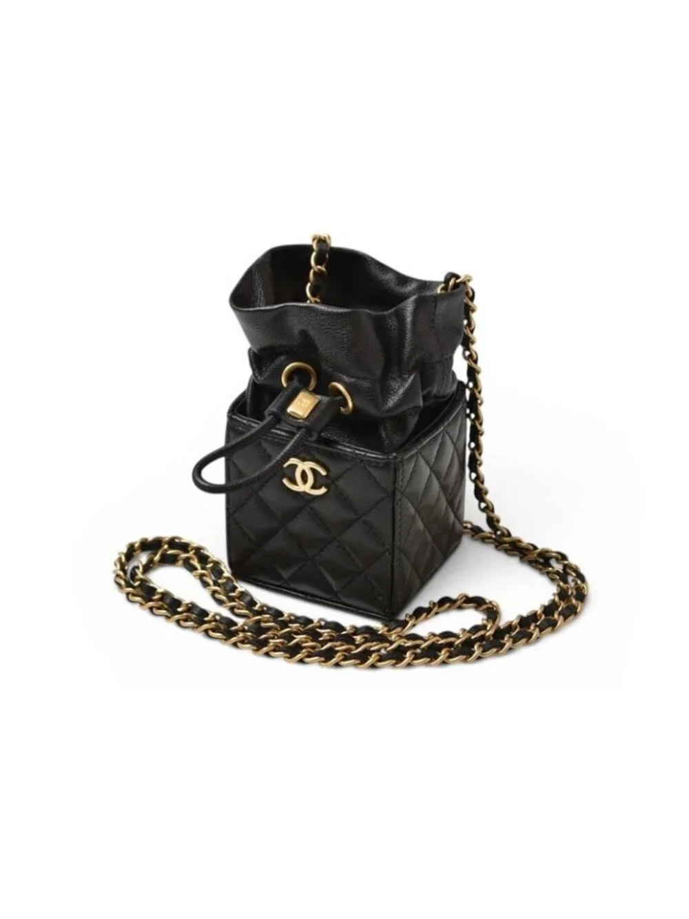 Chanel Chain Shoulder Bag Mini Cube Quilted Lambskin Black Gold